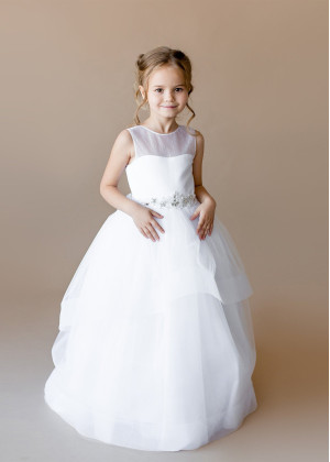 White Dots Tulle Keyhole Corset Back Flower Girl Dress With Beaded Belt